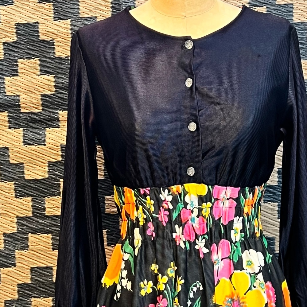VINTAGE mid century‎ 60s dark flower long maxi dress hostess house gown 70s MOD - Picture 7 of 17